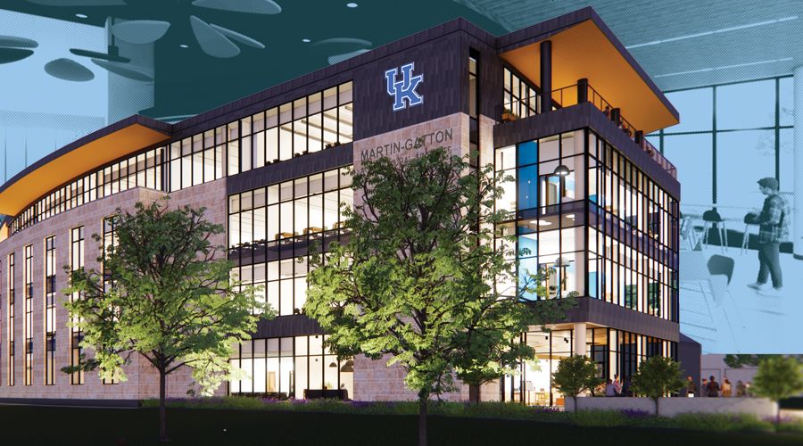 A rendering of the inside of the new Martin-Gatton Agricultural sciences building showing students talking in a cafe and lounge area