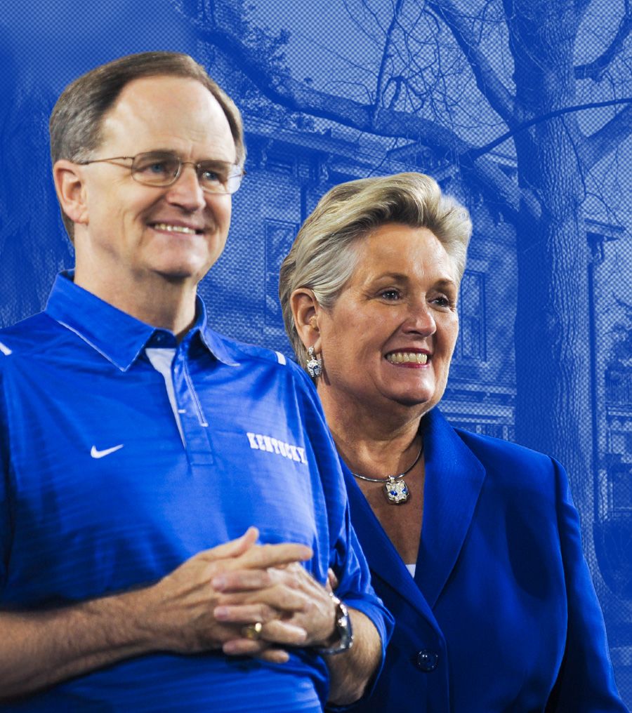 Patsy and Lee Todd smiling wearing UK Blue outfits