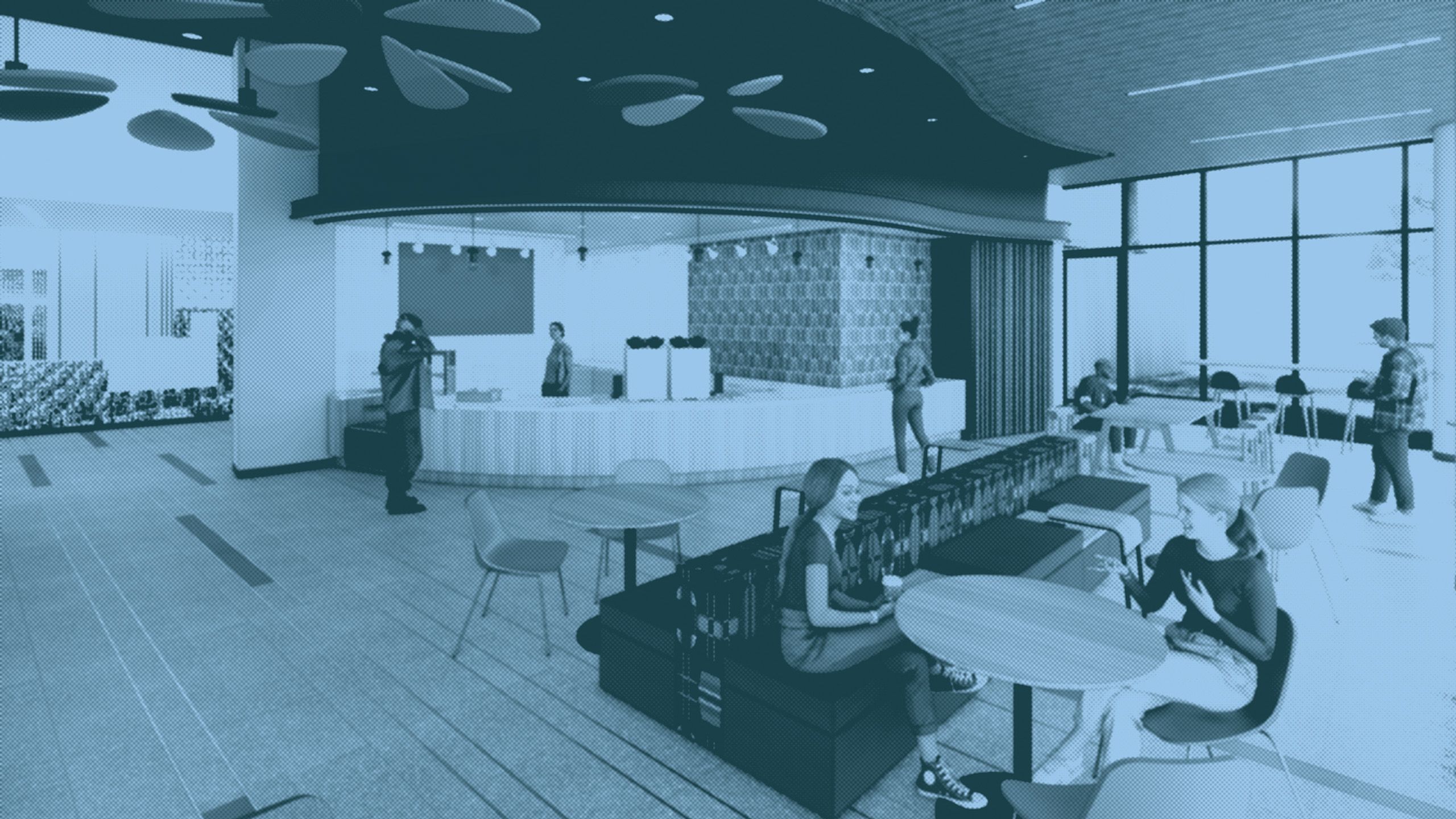 A rendering of the inside of the new Martin-Gatton Agricultural sciences building showing students talking in a cafe and lounge area