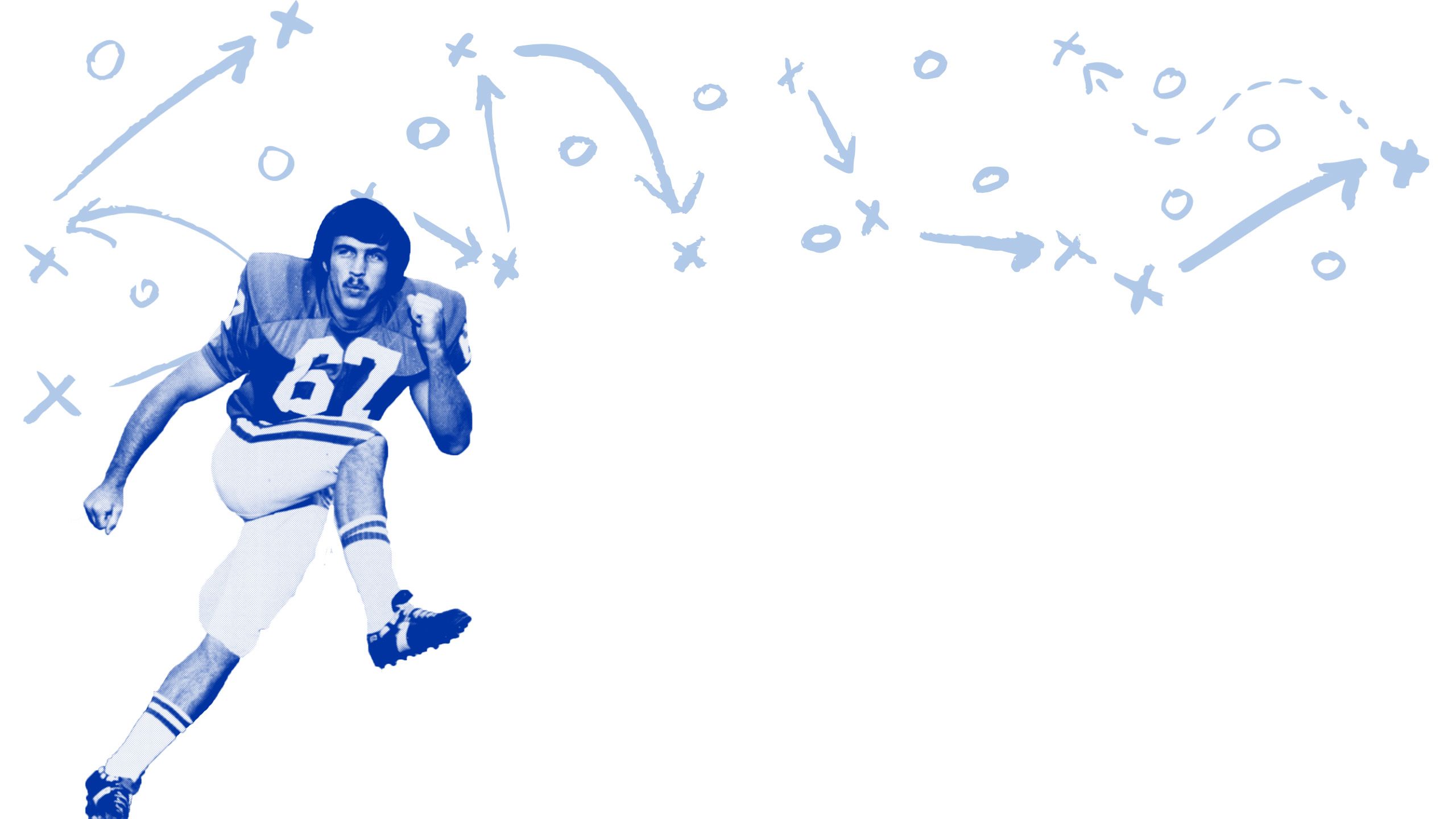 Image of Mike Martin in football uniform with football play illustration above him