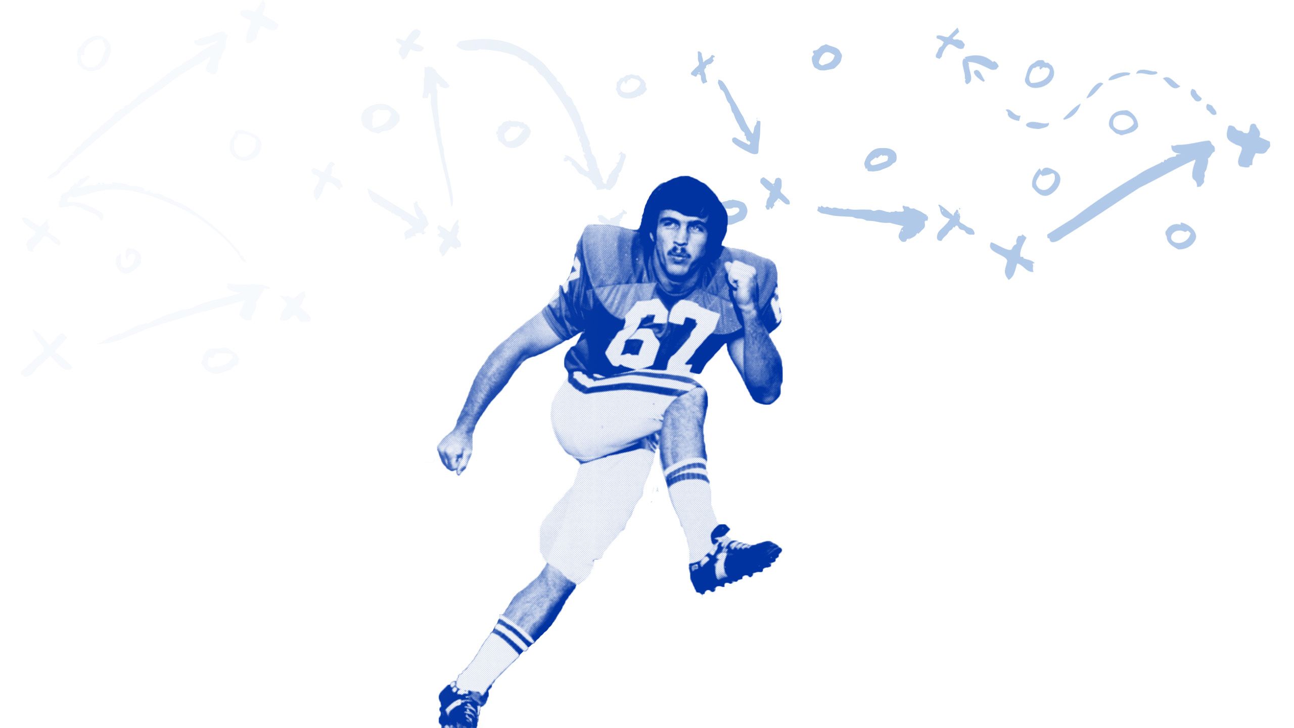 Image of Mike Martin in football uniform with football play illustration above him - pans to the middle