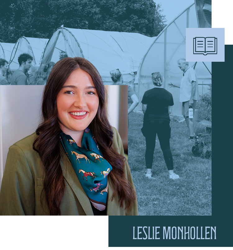 Leslie Monhollen smiling and looking at the camera with a photo of a group of students at a greenhouse in the background
